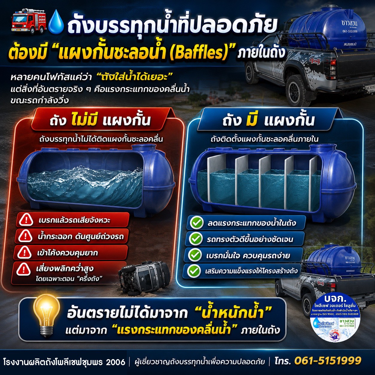 ถังบรรทุกน้ำที่ปลอดภัย ต้องมี “แผงกั้นชะลอน้ำ (Baffles)” ภายในถัง